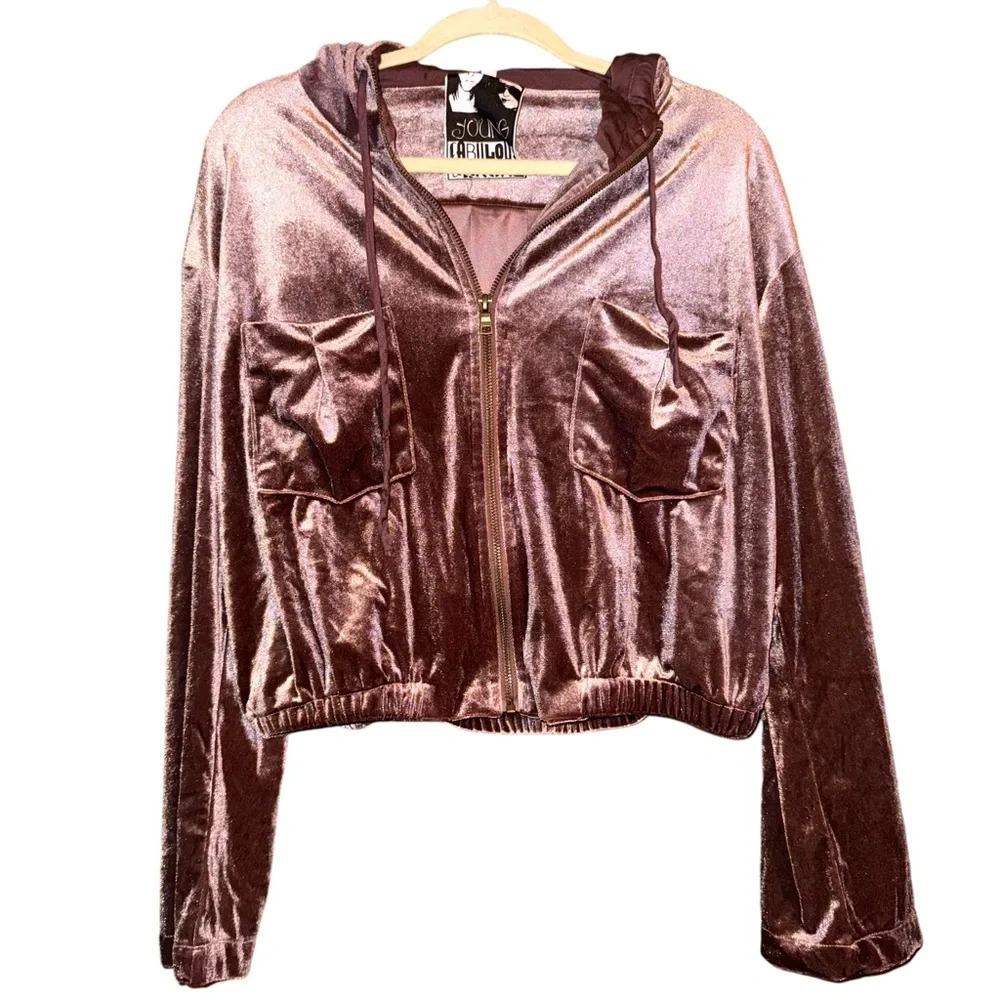 YOUNG FABULOUS & BROKE Fritzy Velvet Velour Zip Up Cropped Hoodie Sweatshirt M - Picture 5 of 15